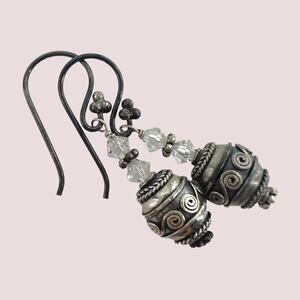 Bali Oxidized Silver Drop Earrings  with Clear Crystal Bicones on Silver Wires